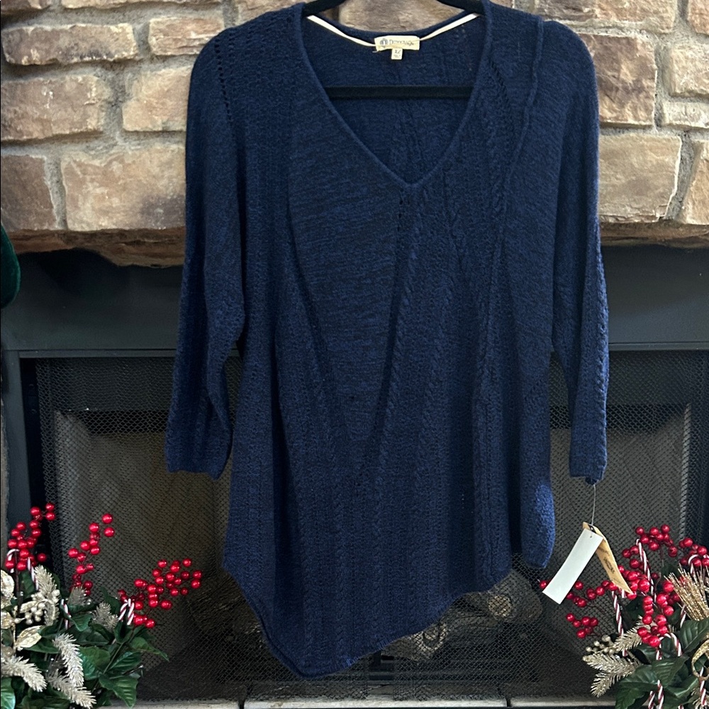 NWT Democracy Navy Blue V-Neck, Asymmetric Sweater. Size XL